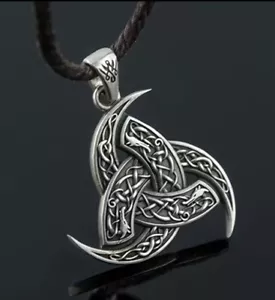 Ornate Silver-Tone Norse Viking Pendant w/ Black Corded Necklace - Picture 1 of 2