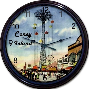 Coney Island Brooklyn NY Postkarte Wanduhr Strand Fallschirm Sprung Küste Nathans - Bild 1 von 1