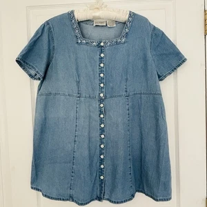 Denim sz M Maternity Top Buttonup Styling by New Addition Maternity Embroidered - Picture 1 of 5