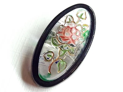 Vintage Oval Clear Glass Button w/ Incised Flower Picture & Black Border ~ 7/8" - Image 1 of 4