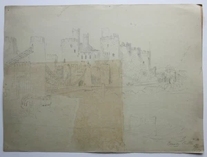 Antiguo dibujo a lápiz original victoriano del castillo de Conway de 1877 Conwy N Gales - Imagen 1 de 7