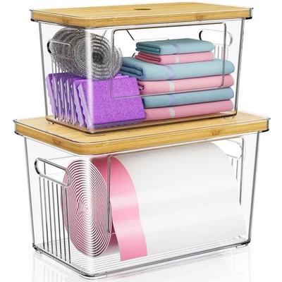 Paquete de 2 soportes para bolsas de basura con tapa de bambú, rollo dispensador de bolsas de basura apilables H... Foto 1 de 4