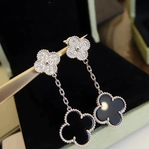 925 Sterling Silver Earrings, VC&A Clover Diamond And Onyx Earrings Set with Box - Picture 1 of 5
