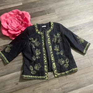 VTG DRESSBARN WOMAN Sz 14W Navy 100% Linen Embroidered Beaded Sequin Jacket - Picture 1 of 6