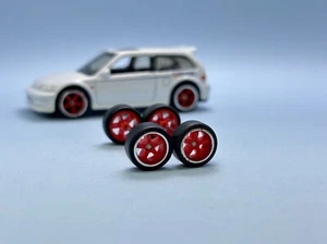R086 Hotwheels 1/64 Real riders # 5 Spoke Modern Red 10mm, Long Rubber wheels - Picture 1 of 4