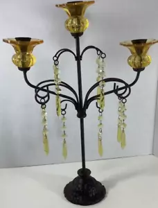 Vintage 3 Bernstein Glas Blumentassen Halter mit Kunststoffkristallen schwarz Metall Eisen - Bild 1 von 4