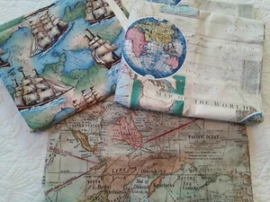 Lot Beautiful Cotton Map Theme Fabric 3 Cuts 5+ Yds World Atlas Rand McNally Shi - Picture 1 of 12