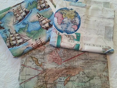 Lot Beautiful Cotton Map Theme Fabric 3 Cuts 5+ Yds World Atlas Rand McNally Shi - Image 1 of 4