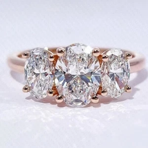 3Ct Oval Cut Certified Moissanite 14K Rose Gold Plated Three Stone Wedding Ring - Picture 1 of 8