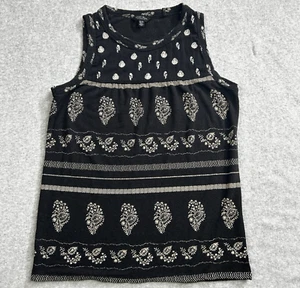 Lucky Brand Shirt Womens XS Black Ivory Embroidered Floral Sleeveless Boho Tank - Picture 1 of 10