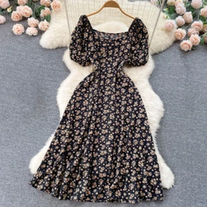 Lady Square Neck Floral Print Beach Long Dress Puff Sleeve Flowy A-line Summer - Picture 1 of 21