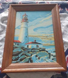 Vintage Framed Paint by Number Lighthouse Painting MCM - Picture 1 of 10