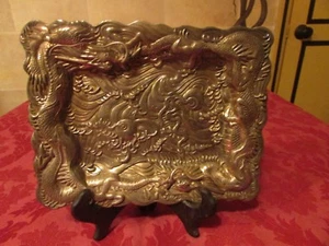 versilbertes, handgefertigtes orientalisches Tablett mit Drachen, antik - Bild 1 von 6
