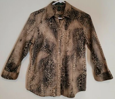Blusa Ralph Lauren Manga Larga Abotonada Pequeña Med Negra Marrón Estampado Leopardo Foto 1 de 4