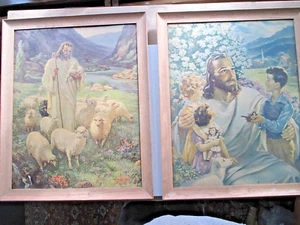 2 Vintage Warner Sallman blondes Holz gerahmt Jesus 18 Zoll x 22 Zoll \religiöse Bilder - Bild 1 von 7