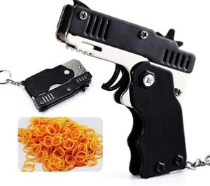 Mini Folding Rubber Band Gun Keychain Metal 6 Shots with 60 Rubber Bands Fun Toy