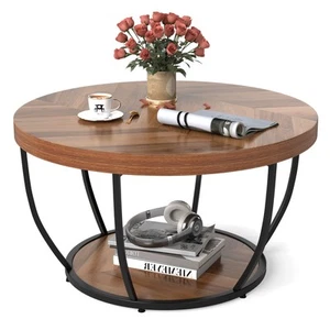 2-Tier Round Coffee Table Heavy-duty Metal Frame Tea Cocktail Table - Picture 1 of 8