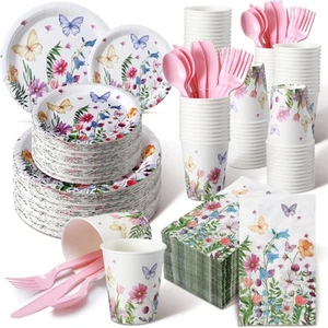 400 Pcs Spring Plates and Napkins Set Paper Flower Dinnerware Disposable Part... - Picture 1 of 7