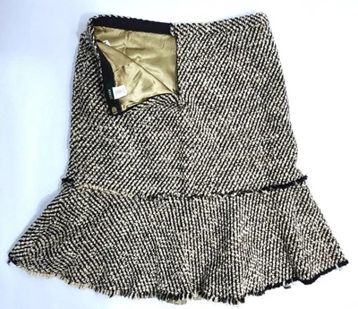 2005 J.CREW 8 Black White Metallic Wool Tweed Flared Skirt Gold Lining Academia — 第 1/4 张图片