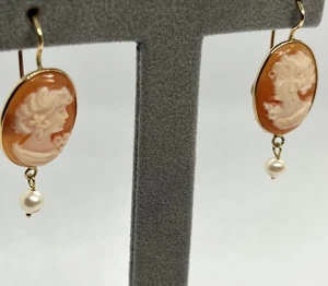 Ohrringe montiert aus 14kt Gelbgold mit Kameen Karneol 18mm und Perlen 4mm - Bild 1 von 7