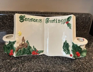 Vintage Season's Greetings Ceramic Candle Holder Holly Leaves Christmas Trees - Picture 1 of 15