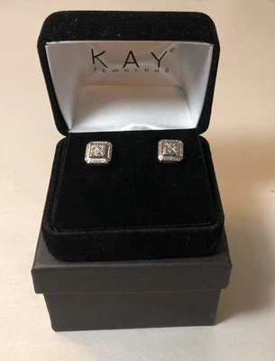 Sterling Silver 925 Kay Jewelers Earrings Square Halo Design with Diamond Chips - Image 1 of 4