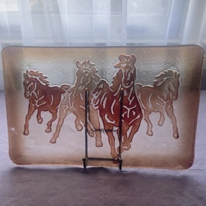 Running Wild Horses Glass Tray 14" long 9" wide brown - Picture 1 of 4