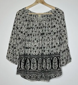 Lucky Brand Paisley Peasant Top Womens Size L Prairie Boho Hippie Rayon Black - Picture 1 of 7