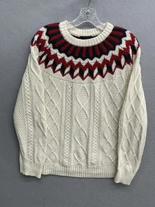 J Crew Sweater Womens M Fair Isle Cableknit Cream Crewneck Merino Wool Blend - Picture 1 of 12
