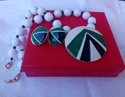 Nanas VintageNAPIER Statement Necklace & Earrings Set~ Green Navy & White  - Image 1 of 4