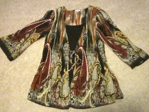 Nicola Brown Tank Paisley Floral Striped Fall Colors Cardigan Crinkle Blouse M - Picture 1 of 6