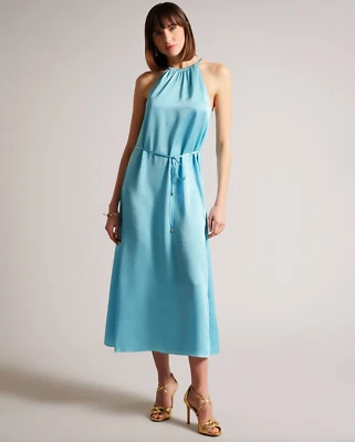 Vestido Ted Baker Mujer Azul Roxieyy Halter Midi Talla 5 (US 12) NUEVO CON ETIQUETAS 260 $ Foto 1 de 4