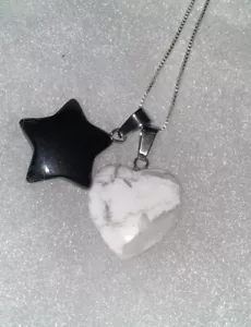 Howlite Heart and onyx Star Boho Hippie Sterling Silver Necklace 16” - Picture 1 of 5