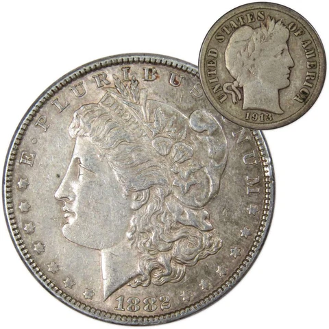 1882 Morgan Dollar XF EF Extremely Fine 90% Silver with 1913 Barber Dime G Good Cover