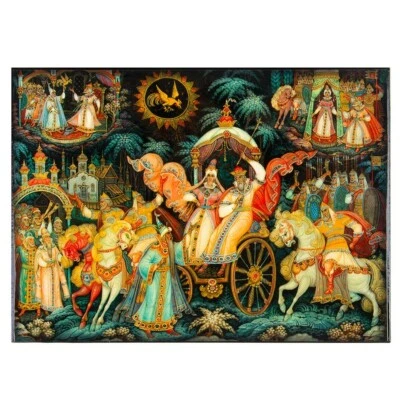 Joyero de cuento de hadas Pushkin laca recuerdo caja de baratija rusa 5"x7" Foto 1 de 4