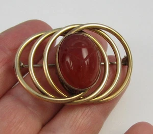 Vintage Symmetalic Gorgeous Carnelian SCARAB Sterling Silver 14k Gold Pin Brooch - Picture 1 of 4