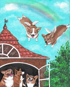 8x10 PRINT OF PAINTING RYTA PEMBROKE WELSH CORGI RAINBOW bridge folk art dog 🌻 - Picture 1 of 1