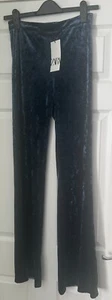 BNWT Blue Crushed Velvet ZARA Flare Leg High Waist Trousers XS 28" waist 34" leg - Picture 1 of 5