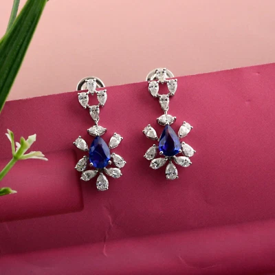 4.11 Tcw Lab Grown CVD Diamond Pear Blue Sapphire Dangle Earrings 18k White Gold - Image 1 of 4