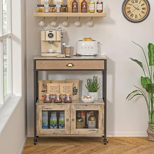 Large Coffee Bar Cabinet3 Tiers Kitchen Coffee Cart With Drawer For The Home Mo - Picture 1 of 8