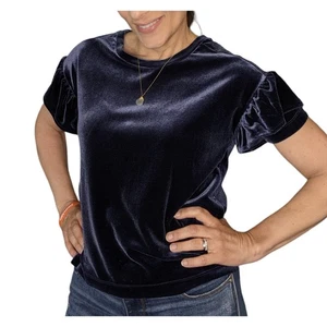 Madewell Velvet Short Ruffle Sleeve Top Blue Size XXS - Picture 1 of 7