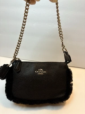 COACH Nolita Pebble Leather Clutch/Handbag  Black Pom-Pom Charm Silver Chain EUC - Image 1 of 4