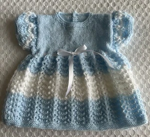 Hand Knitted Dress Age 0-3 Months, Blue and White Striped with White Ribbon - Picture 1 of 7