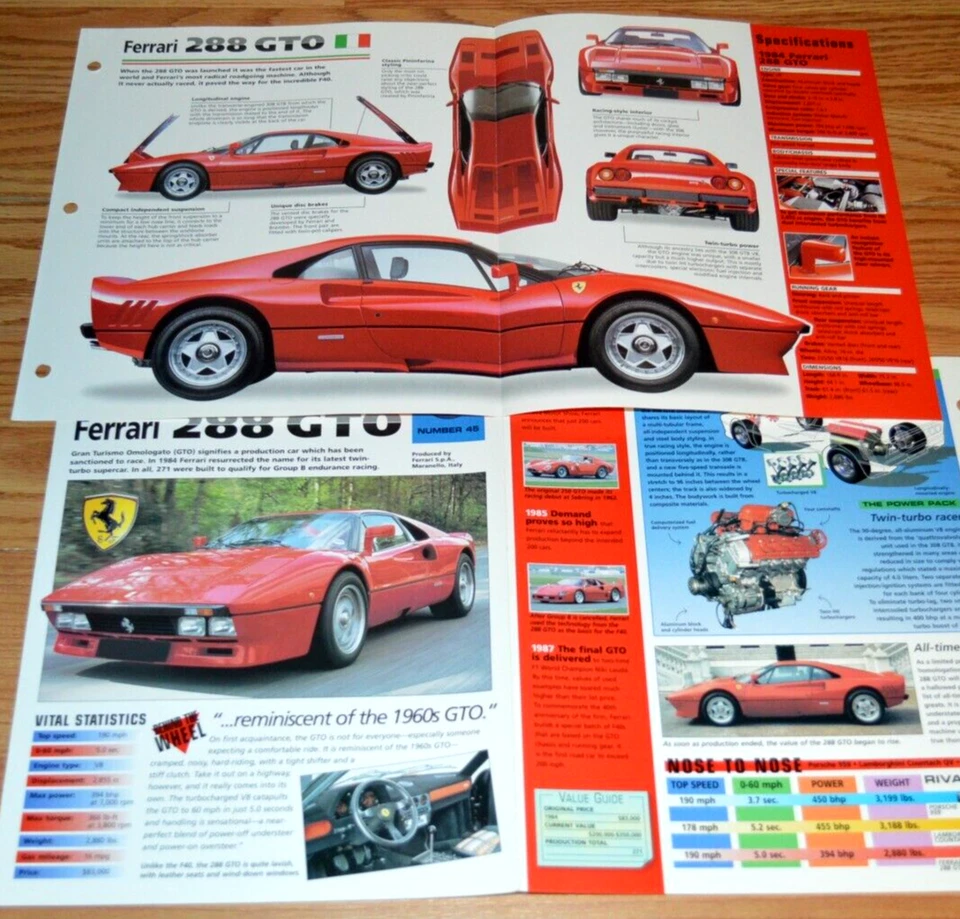 Ferrari 288 GTO 1984 información de especificaciones póster original folleto vintage 84 Foto 1 de 1