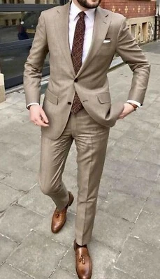 Mens Beige Suit Two Button Elegant Evening Party Wear Dinner Formal Coat Pants - Image 1 of 4