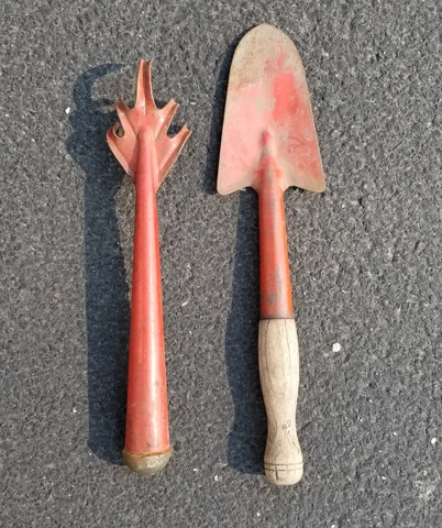 2 - Vintage RED Hand Claw Rake Garden Cultivator & RED Metal Shovel Cover