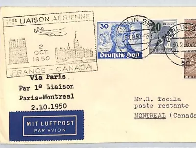 GERMANY Air Mail Cover 1950 FIRST FLIGHT FRANCE-CANADA Berlin-Montreal XZ129 - Image 1 of 4
