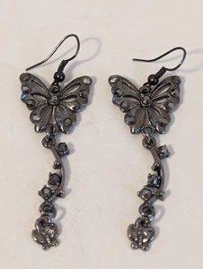 2" Beautiful Dressy Gunmetal Rhinestone Butterfly Hanging Earrings - Picture 1 of 6