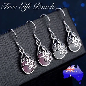 925 Sterling Silver Opal Moonstone Teardrop Water Drop Dangle Pierced Earrings - Picture 1 of 13