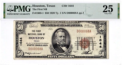 $50 1929 T1 National HOUSTON Texas TX ((Low 2 digit serial # 68)) PMG 25 VF! - Image 1 of 2